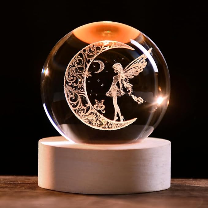 Moon Fairy Crystal Ball Decorative Ball 60mm Fairy Glass Sphere Decor 3D Dreamy Engraving Gifts for Girls Women Fairy Lovers Wedding Gift with Light Base