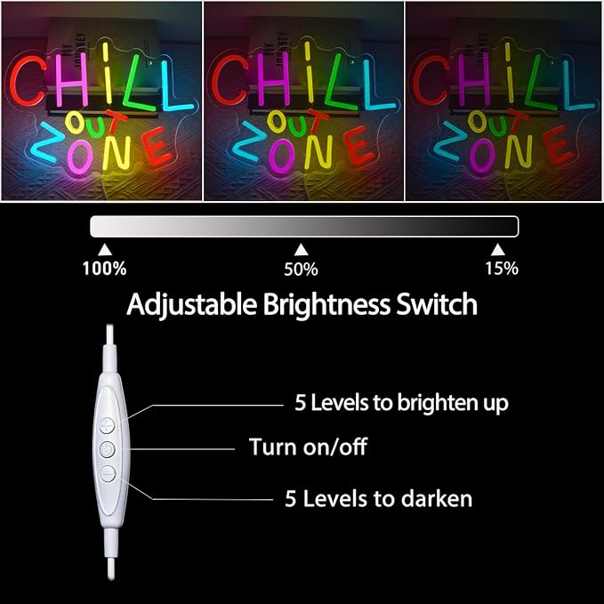 Chill Out Zone Neon Signs for Wall Art Decor, Colorful LED Ligh Sign for Bedroom Dimmable Chill Led Neon Light for Game Room Cafe Bar Kids Room Man Cave Decoration