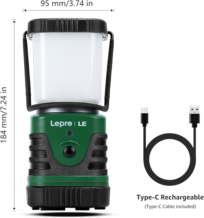 Lepro 1000LM LED Camping Lantern Rechargeable, 4400mAh Green Tent Light with 4 Light Modes, Waterproof Lantern Flashlight for Hurricane Emergency, Camping Essentials, USB Cable Included | Camping Essentials, Waterproof Lantern Flashlight for Camping, E...