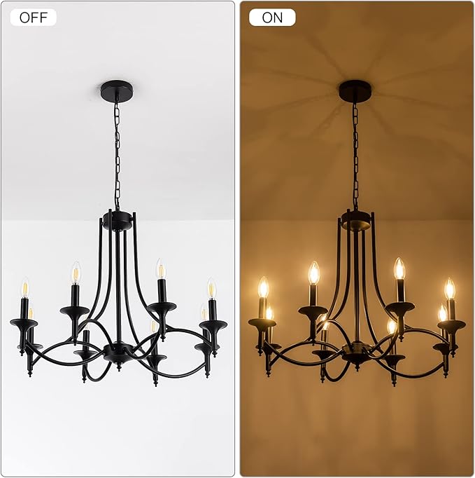 Industrial Candle Chandelier Modern Farmhouse Hanging Pendant Light Fixture with 8-Light Black Iron Classic Rural Candle Ceiling for Dining Room Living Room Bedroom Kitchen Island Foyer