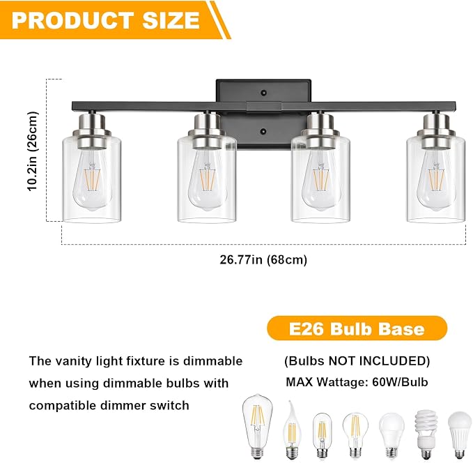 Modern Bathroom Light Fixtures, 4 Light Vanity Lights Over Mirror, Black and Brushed Nickel Wall Lamp with Clear Glass for Living Room Cabinet Bedroom Porch