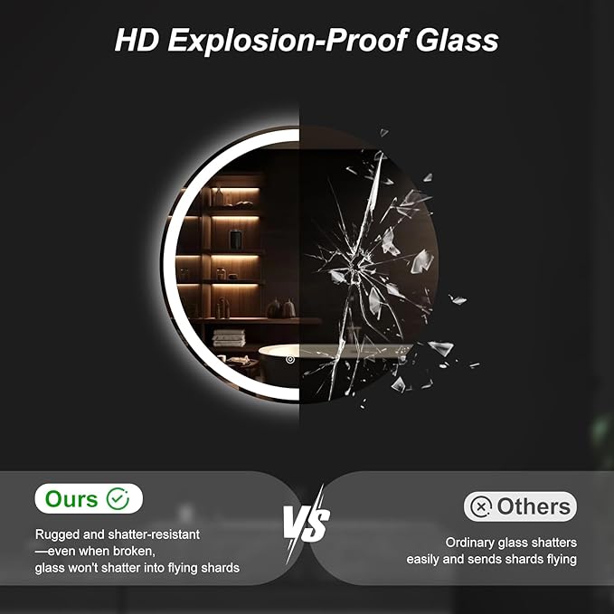 DUMOS 24 Inch Round LED Bathroom Mirror with Lights, Circle Vanity Mirror with Anti-Fog, Dimmable, 3-Color Light, Memory Function, Tempered Glass