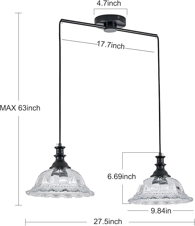 HDDFL 2 Light Pendant Light Fixtures Modern Glass Hanging Lights with Adjustable Cord for Kitchen Island Dining Room Living Room Hallway Black and Clear