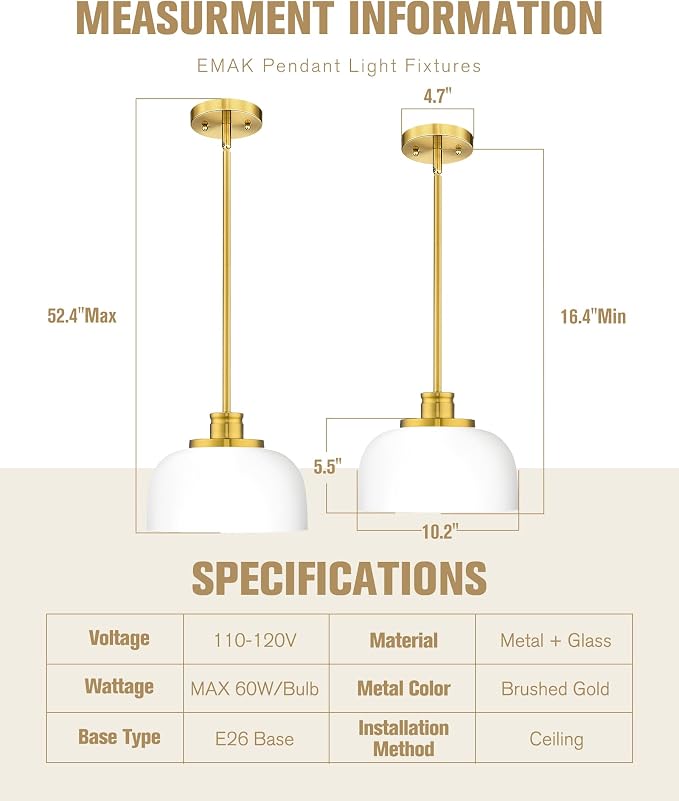 Emak Brushed Gold Pendant Lights Kitchen Island, 10 Inch Large Milk Glass Pendant Light Fixtures, Modern Hanging Lights for Kitchen Island, Dining Room, Bedroom, Bathroom, PL131-BGD-ML