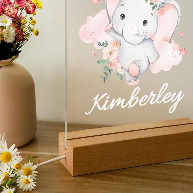 Personalized LED Night Light Elephant Design Custom Name Acrylic Light with Wood Base Gifts for Kids