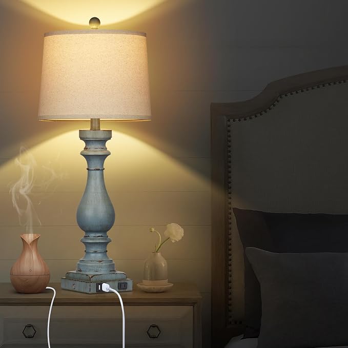 29" Tall Table Lamp for Living Room Set of 2,Coastal Bedside Nightstand Lamps with USB C+A Ports & AC Outlet,3-Way Dimmable Touch Control Retro Blue Desk Lamp for Bedroom,Color 3