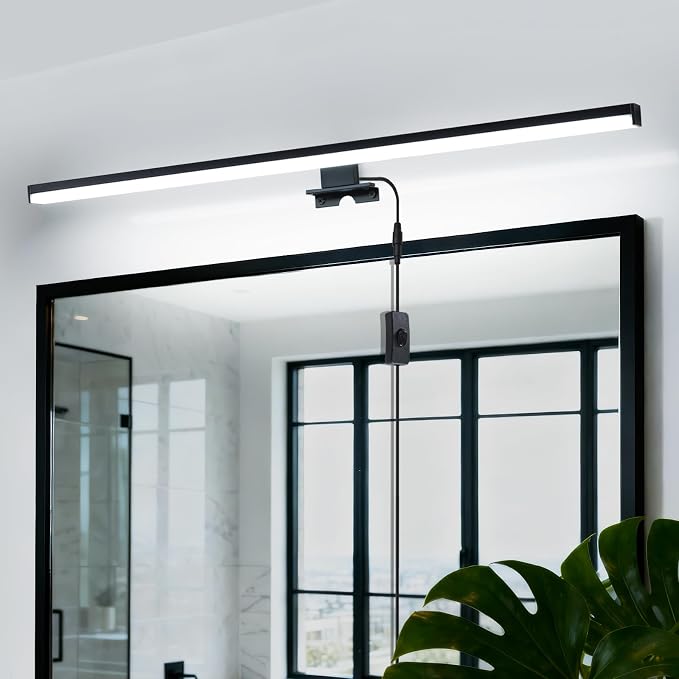 28" Plug in Bathroom Light Fixtures,Vanity Lights Bar,Picture Light | Modern Black,Non-Dimmable,6700K,with Switch,LED,Over Mirror,Wall Lights,Make up light,for Bedroom/Art/Poster/Cabinet