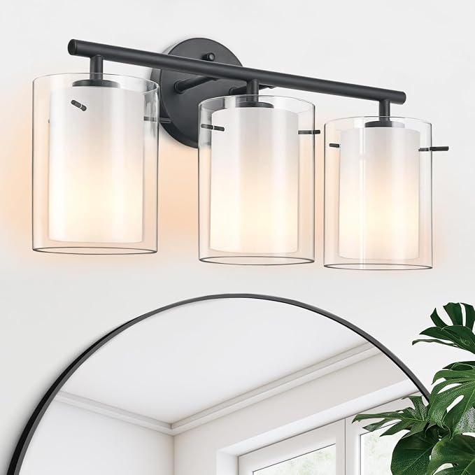 Matte Black Bathroom Light Fixtures Over Mirror with Dual Glass Shades, Modern 3-Light Vanity Lights, 20in Vanity Light Fixtures Above Mirror, Vanity Lights for Bathroom