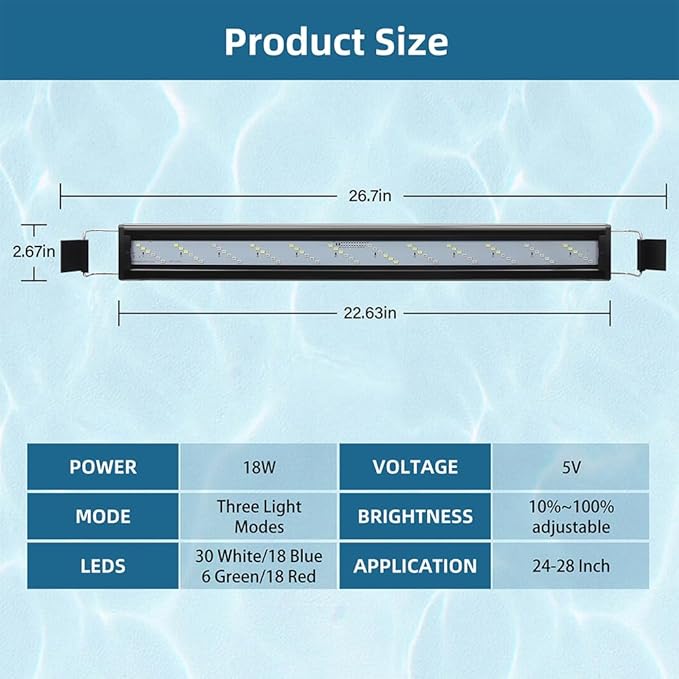 LED Aquarium Light Full Spectrum Fish Tank Light with Dimmer White Blue Red Green LEDs Fish Tank Light with Three Lighting Modes and Extendable Bracket for 24 Inch to 28 Inch Aquarium