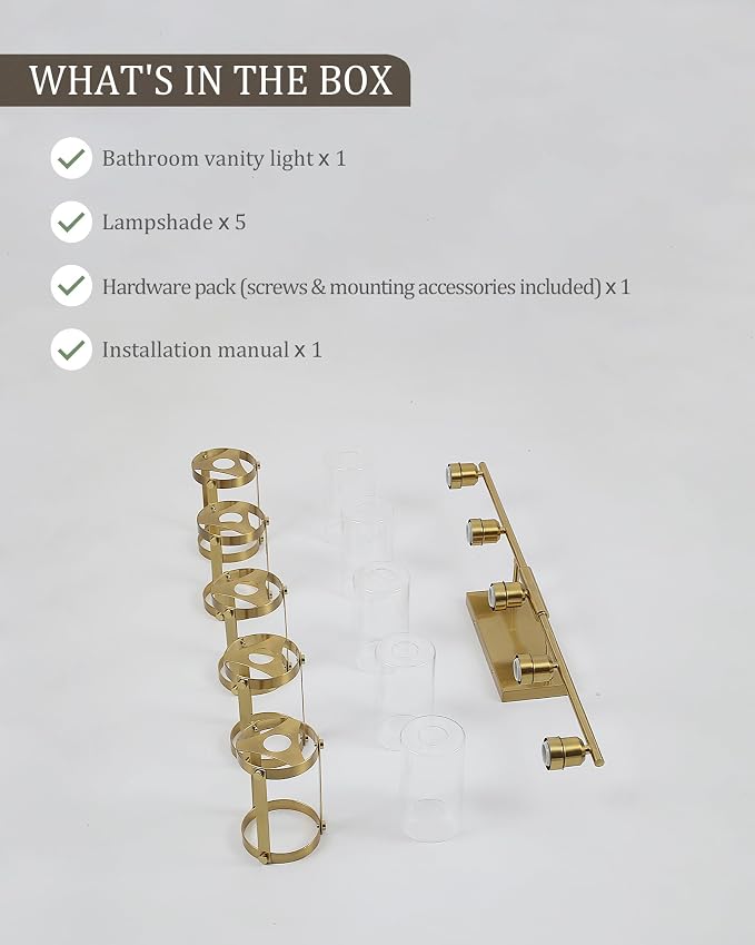 5-Light Brushed Gold Bathroom Light Fixtures Over Mirror with Clear Glass and Metal Cage Shade, 38" UL-Listed Modern Farmhouse Wall Sconce for Bath, Hardwire E26, OS-3014BG-5W