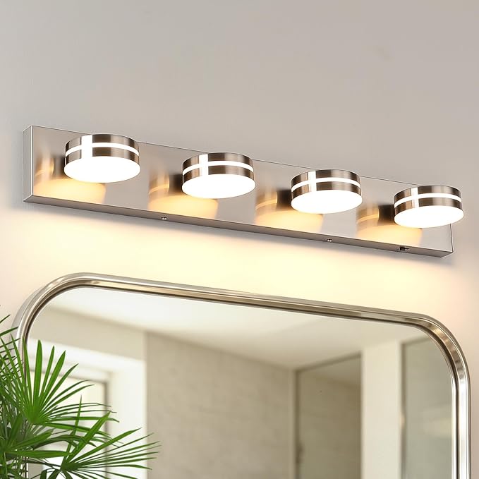 Brushed Nickel Vanity Lights for Bathroom 4-Light 5CCT Dimmable | 30in 24W LED Bath Lighting Fixture, Modern Wall Mounted Lighting Fixture for Dressing Room Cabinet