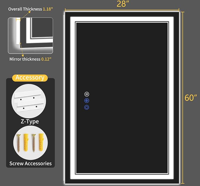 28"x60" LED Bathroom Mirror with Lights, Anti-Fog, Backlit + Front Lit, Dimmable, Led Vanity Mirror for Wall, Lighted Bathroom Mirror, 3 Colors, Shatter-Proof Tempered Glass