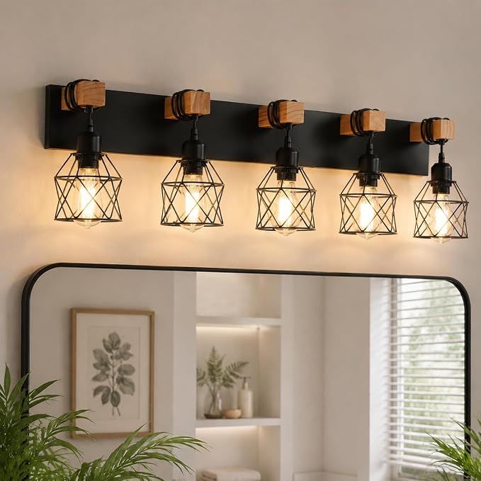Farmhouse Vanity Light Fixture,5-Light Bathroom Lighting,Black Industrial Wood Wall Light Over Mirror with Metal Shade,LED Bulbs Not Included