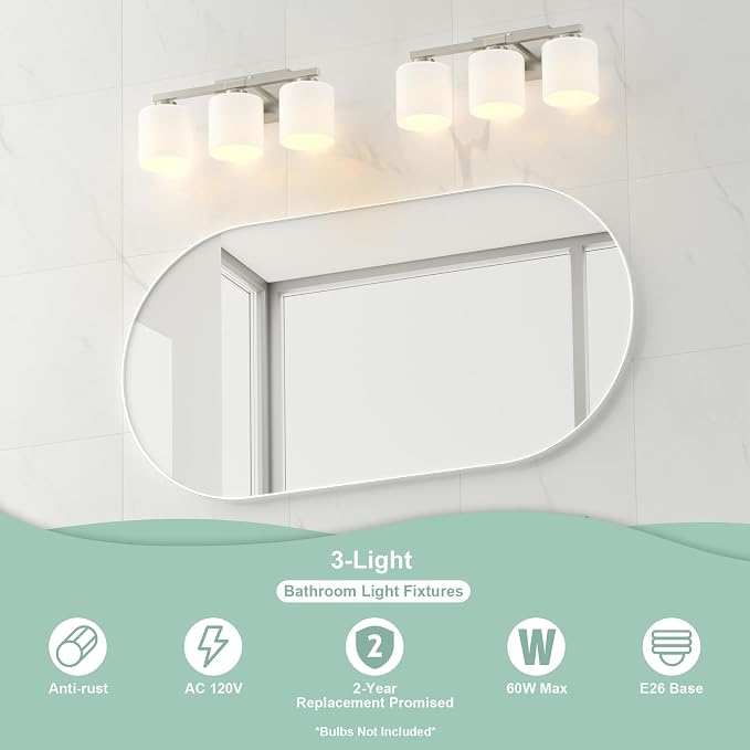 Honesorn Bathroom Light Fixtures Brushed Nickel, 3-Light Vanity Lights | Bathroom Vanity Light with Frosted Shades, Modern Bathroom Lights Over Mirror, Anti-Rust, E26 Socket (Bulbs Not Included)