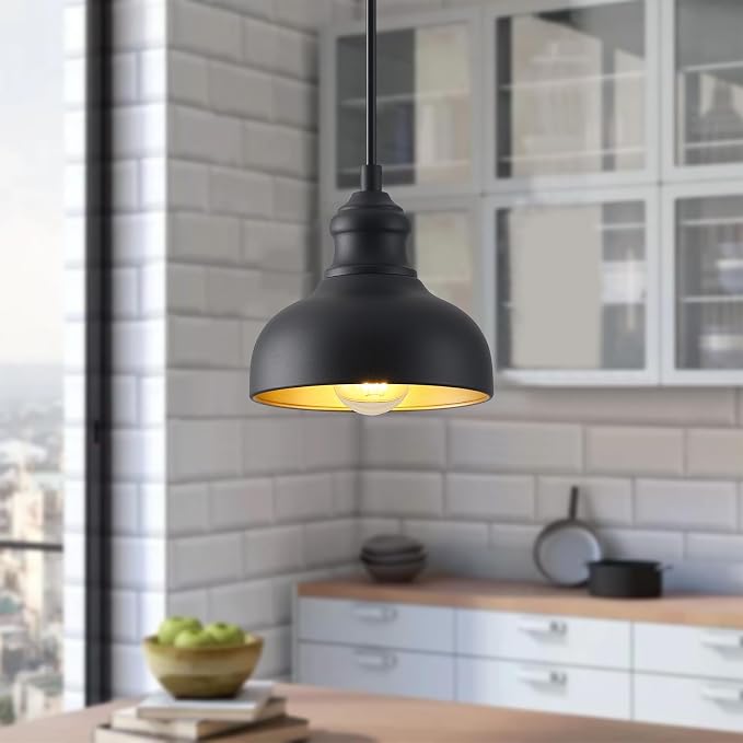 7in Dome Black Farmhouse Barn Pendant Light with Brass Interior, 2 Pack Outdoor Porch Hanging Lamp Small Barn Style Kitchen Island Pendant Lighting for Bedroom Hallway, Adjustable