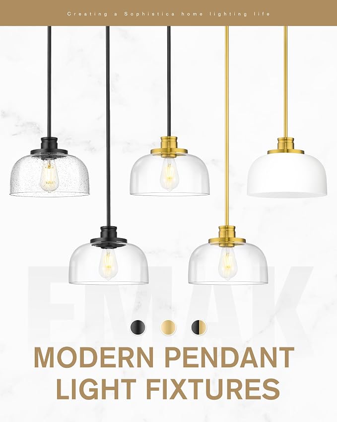 Emak 10 Inch Pendant Lights Kitchen Island, Brushed Gold Pendant Light Fixtures with Clear Glass Shade, Modern Island Lights for Kitchen, Dining Room, Bathroom, PL131-BGD-CG
