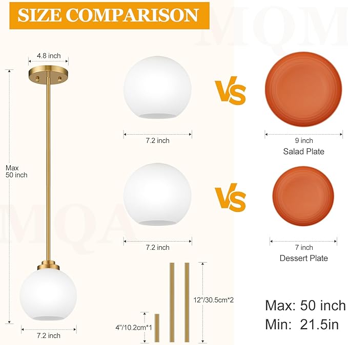 1 Pack 7.2-Inch Globe Pendant Lights, Mid Century Gold Pendant Light Fixtures, Globe Pendant Lights Kitchen Island with Milk Glass Shade Adjustable Hanging Fixture for Dining Room (Bulbs not Included)