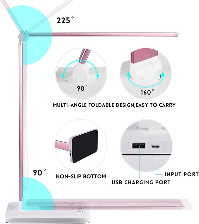 Desk Lamp, LED Desk Light with 10 Brightness Levels, 5 Color Temperatures, USB Power, Foldable Dimmable Table Lamp, Timer & Memory, Touch Control, Eye Caring Lamp for Reading Work Study Nail
