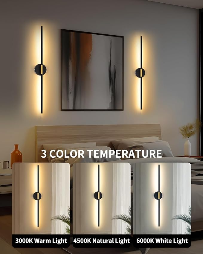 24" Battery Operated Wall Sconce Set of 2, 350° Rotating Lamp, Black Gold | Wireless, 8000mAh Rechargeable Battery, Stepless Dimming, 3000K-6000K, Remote & Touch Control, Timer, Living Room, Bedroom