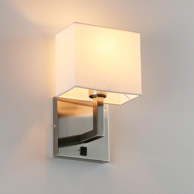PERMO Single Fabric Wall Sconce Brushed Nickel Finished Sconces with White Textile Shades and On/Off Switch Button Modern Nightstand Lamps for Bedrooms Bedside Reading