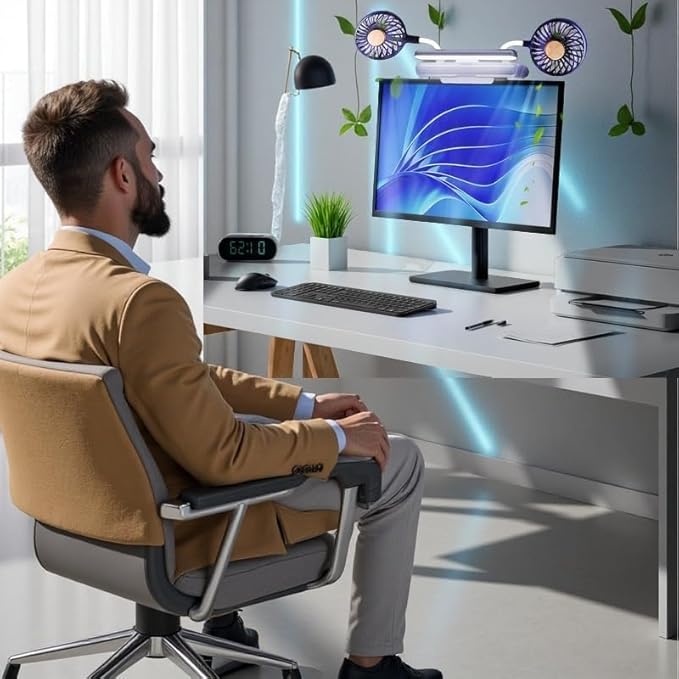 Reading stand lamp 3-Level Dimmable Clip-On desktop lights with Dual Gooseneck Fans, 360° Air Circulation Screen-Mounted Cooling Light for Office/Gaming Setup (Deepsea Blue)