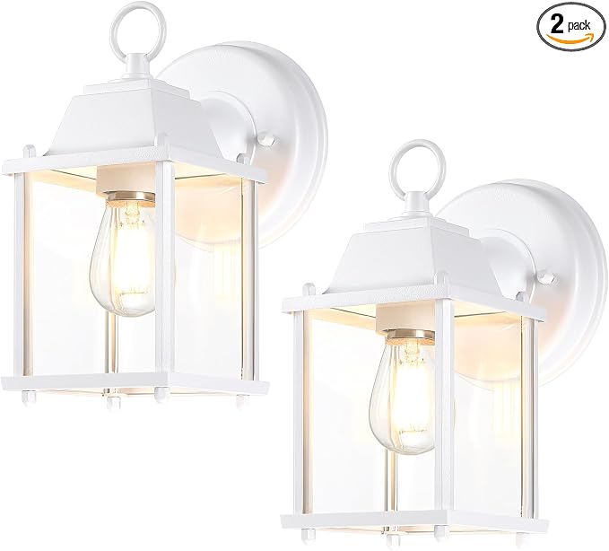 Outdoor Wall Light Fixture, Rustproof Aluminum, Clear Glass | Exterior Porch Light Wall Sconce Lantern for House, Patio, Garage, Waterproof, E26 Socket 60W Max, White, 2 Pack