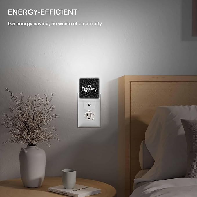 LED Night Light Lamp with Smart Sensor Dusk to Dawn Sensor,Happy Black Vintage Merry Christmas Night Light Daylight White,0.5W Plug-into Wall for Adults,Bedroom,Bathroom,Hallway,Kitchen