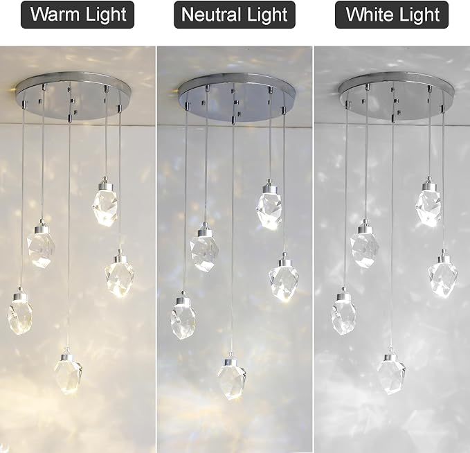 Modern Crystal Pendant Light, 3-Color LED Silver Ceiling Hanging Lamp, for Kitchen Island Bedroom Living Room Dining Room Lighting (5-Head Round Base)