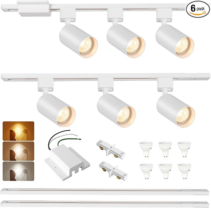 3-Color 6-Light LED Track Lighting Kit with 6.6FT H Track Lighting Rails & Canopy Connector, GU10 Dimmable Track Light Kit, Modern Kitchen Track Lighting Fixtures Ceiling Spot Light, White