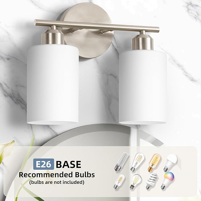 Brushed Nickel Bathroom Light Fixtures, 2-Light Modern Vanity Light Over Mirror, Wall Sconces with Milky White Frosted Glass Shades for Hallway, E26