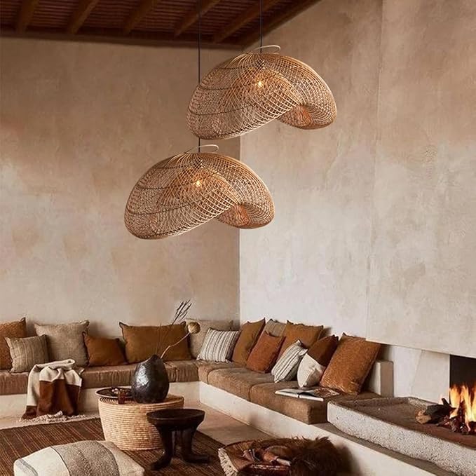 Organic Modern Bamboo Chandelier 19.7" Handmade Woven Wicker Pendant Light, Farmhouse Boho Rattan Light Fixture for Dining Room, Kitchen, Cafe, Bedroom Living Room