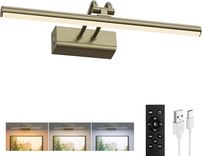 Picture Light for Wall, Antique Brass, 13.8", Remote Control | 4000mAh Cordless,Wall Light, Magnetic for Easy to Charge,Timers, Display for Gallery Living Room Bedroom