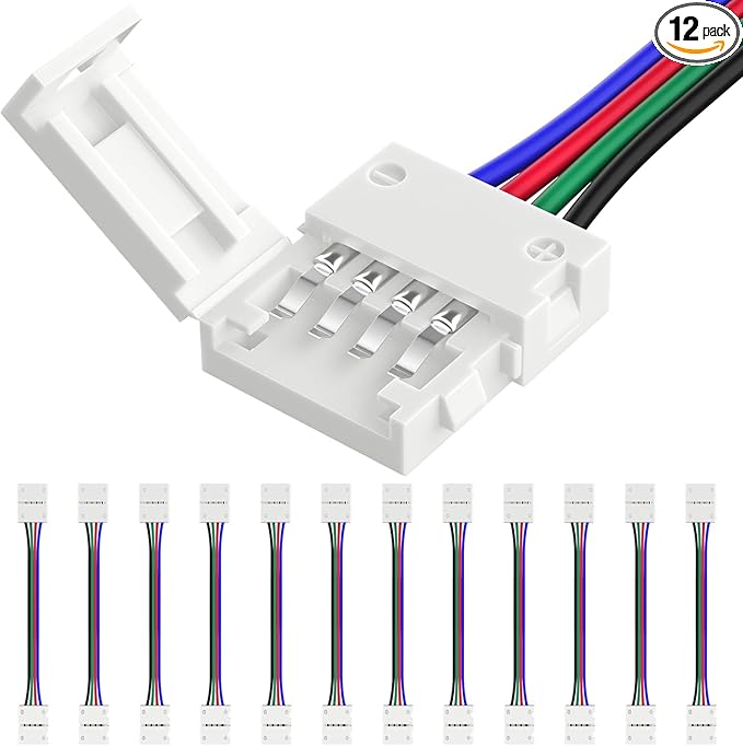 HitLights 12 Pack 10mm 4 Pin RGB LED Strip Connectors - 6 Inch Solderless Connectors for 5050 Color Changing LED Tape Light, Kitchens, Cabinets and More