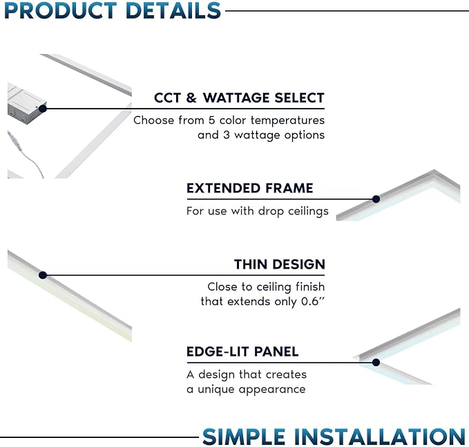 LUXRITE 2x2 FT Edge-Lit Frame LED Panel Lights, 5CCT Selectable 3000K-6500K, 2600/3900/5200LM, 20W/30W/40W Switch, Grid Drop Ceiling Lights, 0-10V Dimmable, Damp Rated, 100-277V, ETL Listed (4 Pack)