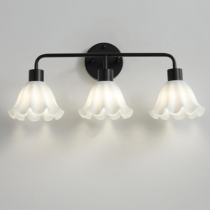 3 Light Black Bathroom Light Fixture,Modern Black Vanity Lighting Over Mirror,Cute White Glass Flower Lampshade,Wall Sconces,E26 Socket(Bulbs Not Included)