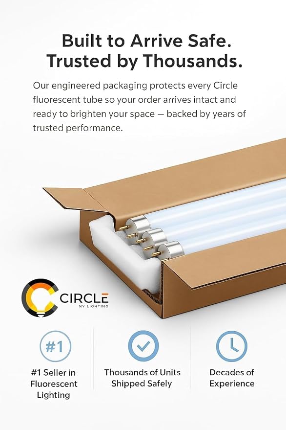Circle F32T8/SP865 T8 Fluorescent Light Bulbs 48 Inch, 32W 6500K Daylight, G13 Medium Bi-Pin Base, 4FT Commercial Ceiling Light Replacement for Garage, Office & Shop Fixtures, 25 Pack