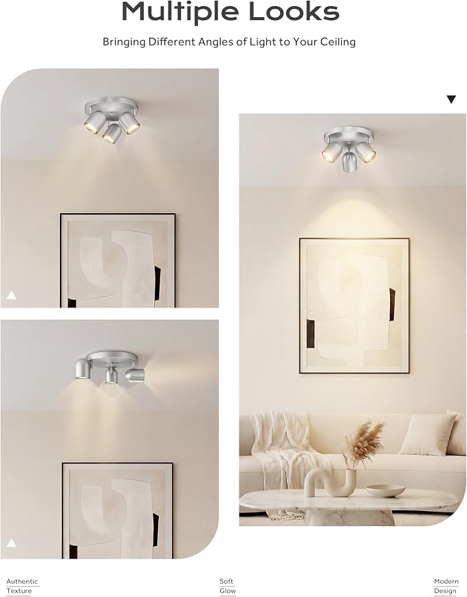 FEMILA 3 Light Track Lighting Fixtures Ceiling, Brushed Nickel Round Track Lighting Fixtures 3000K GU10 Bulbs Included, LED Track Lights for Kitchen, Living Room, Bedroom, 4FS78F-3 BN
