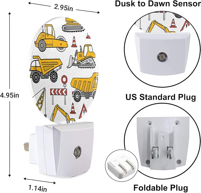 Yellow Cars Night Lights Plug into Wall Building Machine Road Truck 0.5W LED Lighting Auto on/Off for Boys Men Bedroom Bathroom Decorative Night Light