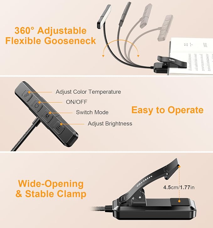 Gritin 2026 Gen 2 Book Light for Reading- 32 Eye Caring Full Spectrum LED | 5 Colors & 5 Brightness, Adjustable Wide/Narrow Beam, Upgrade 1500mAh Long-Lasting Rechargeable Clip on Light for Book Lovers