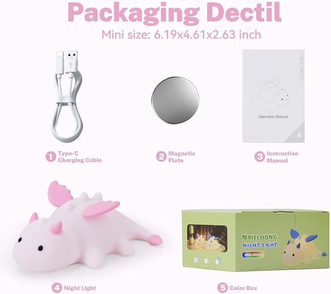 AVEKI Pink Dragon Night Light, Cute Baby Dragon Lamp Gifts for Girls and Princess, 10 Modes Adjustable Touch Baby Light, Rechargeable Nursery Lamp with Timer, Portable Nightlight for Kids Girl