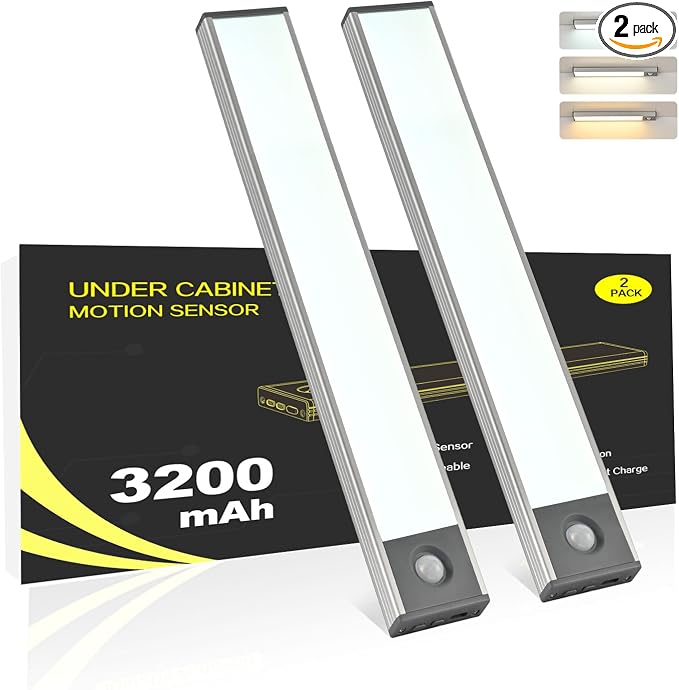 Under Cabinet Lighting, 3200mAh Motion Sensor Light, 3CCT, 2 Pack | 8 Inch USB-C Fast Charging, Battery Operated, 10s/20s Delay, 5-Level Dimmable, Magnetic for Kitchen & Closet, Indoor