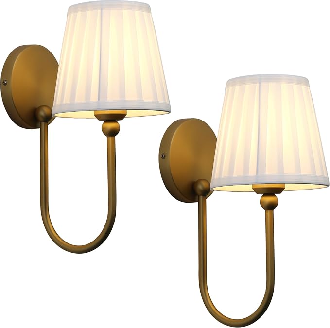 Hardwired Set of 2 Wall Sconces White Pleated Fabric Shade, Vintage Curved Arm Bathroom Vanity Lights, Indoor Wall Decor Lamp for Living Room, Bedroom, Foyer