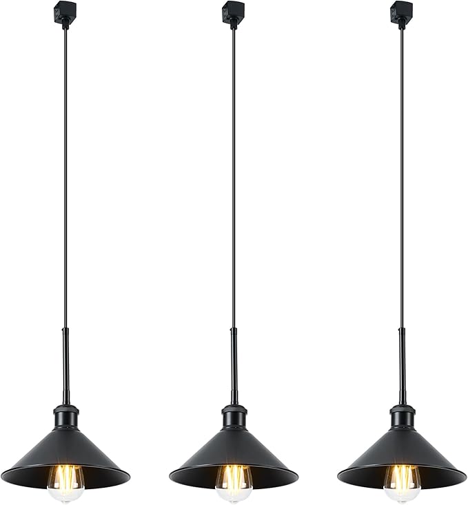H Type Track Pendant Lighting Black Industrial Ceiling Track Hanging Light Fixtures Pendant, Compatible with H Type Track Lighting Rail, E26 Socket,3 Pack (Bulbs Not Included)
