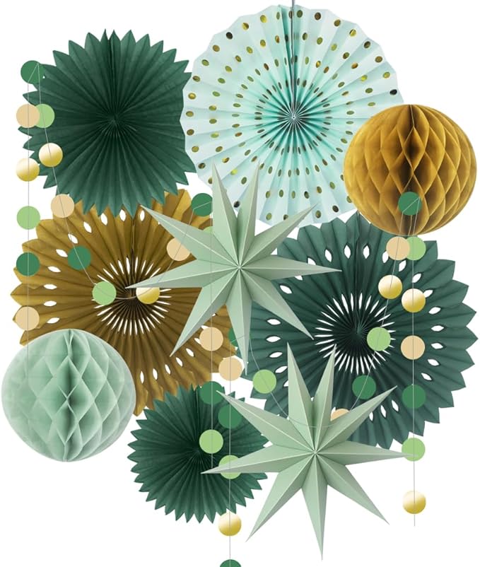 ADLKGG Sage Green Party Decorations, Hanging Paper Fans Circle Garland Paper Lanterns St Patrick's Day Party Supplies, Sage Green Themed Graduation Birthday Wedding Bridal Neutral Baby Shower Decor