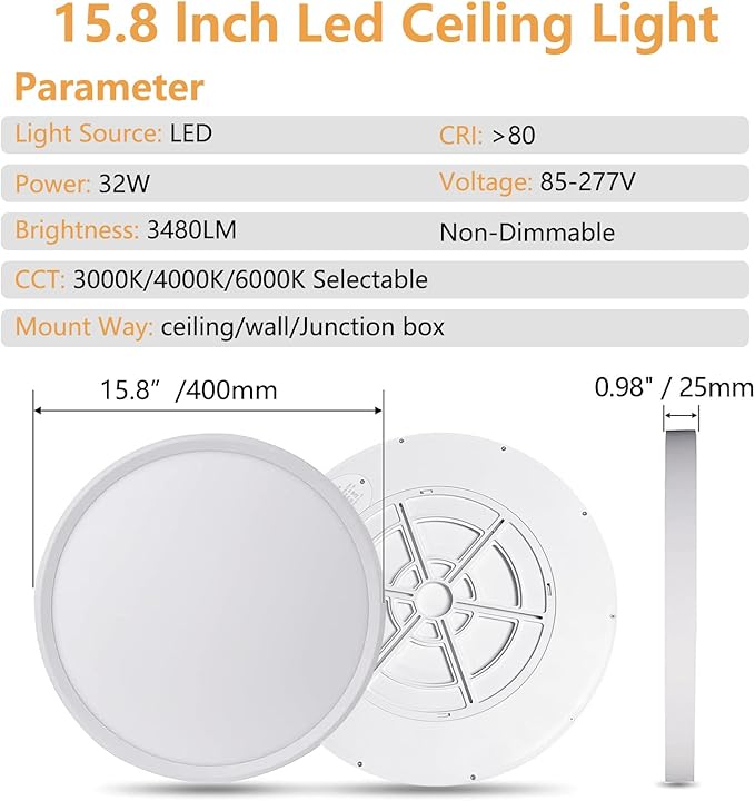 2PK 15.8 Inch Led Ceiling Light Flush Mount, 32W, 3480LM, 3000K/4000K/6000K CCT Selectable Super Slim LED Ceiling Light, Close to Ceiling Round Flat Panel Light for Hallway, Bedroom,Kitchen ect