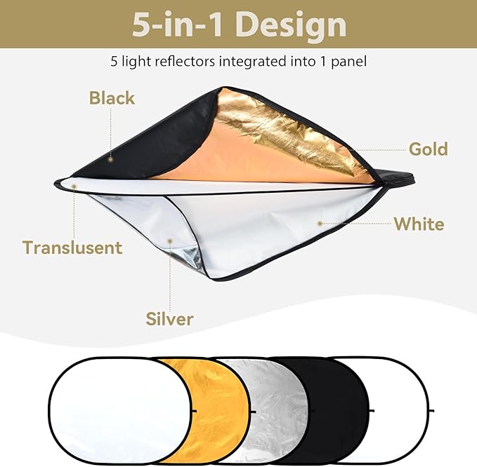 UTEBIT 35"x47"/90x120cm Photography Reflector with Stand & Clamp, 5-in-1 Oval Foldable Reflector with Carrying Bag,Translucent/Silver/Gold/White/Black Photography Reflector for Studio&Outdoor Lighting