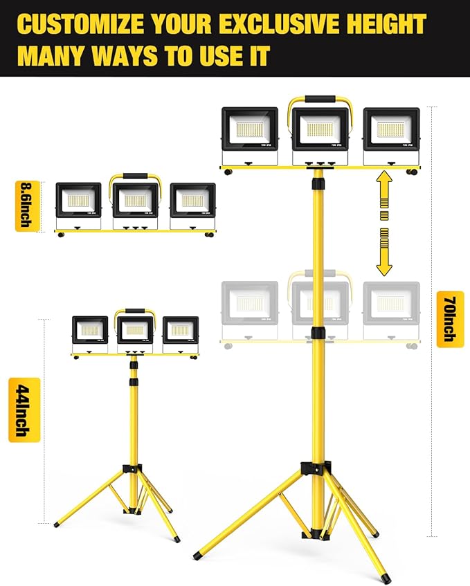 Upgraded LED Work Lights with Stand, 21000 Lumen, 3-Head Adjustable Work Light, Waterproof Foldable Tripod, Extended Cord for Outdoor & Indoor Job Sites, Workshops, Construction, Garage Lighting
