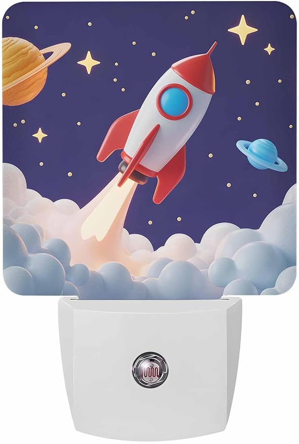 Cartoon Night Lights Plug into Wall LED Night Light Rocket Stars Space Modern Automatic Dimmable Dusk-to-Dawn Square Shaped Smart Nightlight for Bathroom/Bedroom