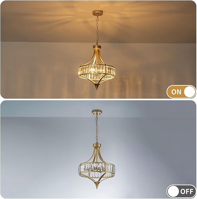 Crystal Vintage Chandeliers for Dining Room, 15.7" 4-Light Modern Gold Round Pendant Light Fixtures, Bathroom Chandelier for Entryway Foyer Living Room Bedroom Kitchen Island