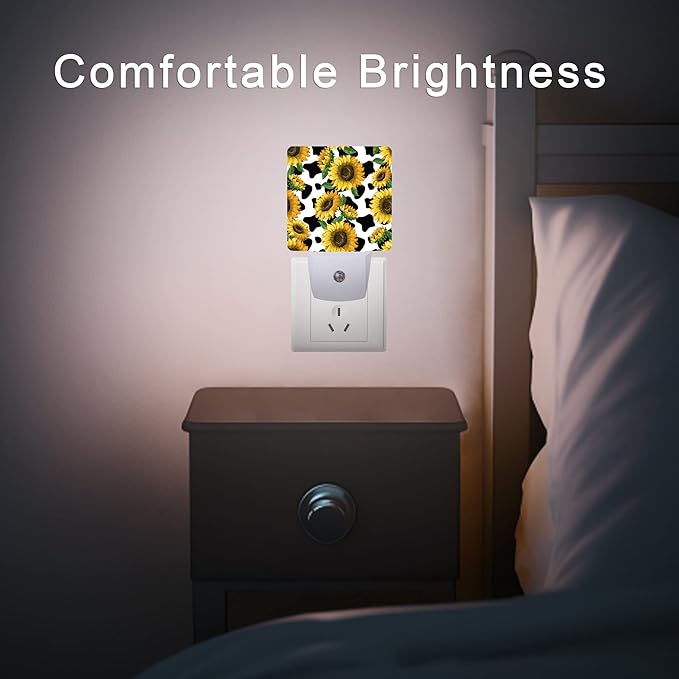 Sunflowers Night Light,Cow Print Night Lights Plug into Wall Dusk to Dawn Sensor Led Lamp for Women Men,Led Lights for Stairway/Hallway/Bedroom,0.5W